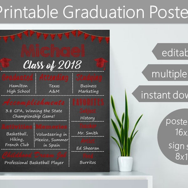 Graduation Chalkboard Sign | Red Graduation Poster | Graduation Board Download | Printable Grad Sign