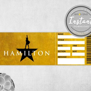 Hamilton Ticket Printable Surprise Gift Reveal Broadway Musical Theatre ...