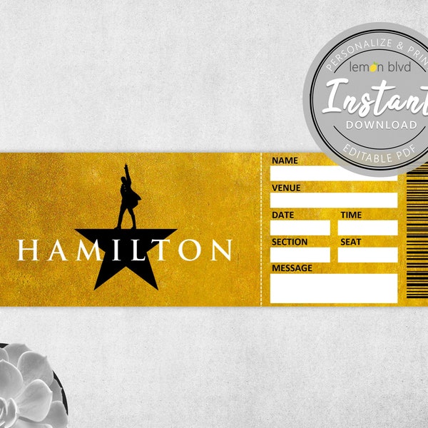 Hamilton Ticket | Printable Surprise Gift Reveal | Broadway Musical Theatre Souvenir | Editable PDF Instant Digital Download Template