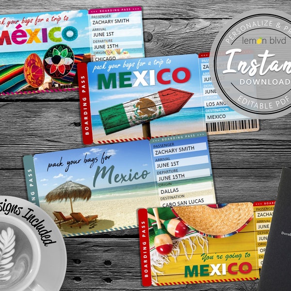 Boleto de viaje sorpresa a México / Boletos de vacaciones Descarga instantánea / Tarjeta de embarque / Boleto de viaje imprimible Sorpresa / Revelación de viaje a México