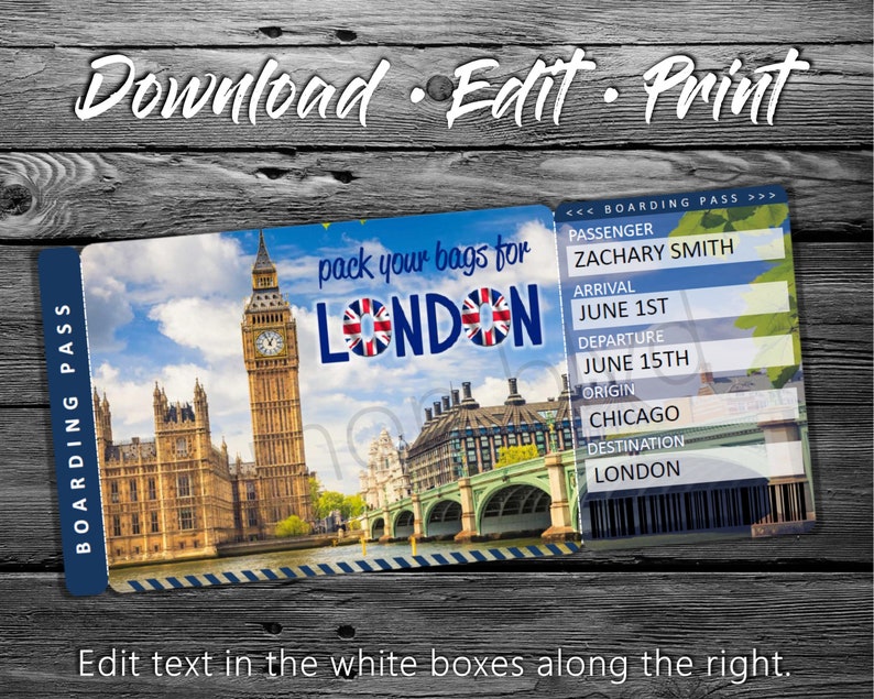 Surprise London Trip Ticket England Vacation Tickets Instant Download Boarding Pass Printable Trip Ticket Surprise Trip Reveal image 2
