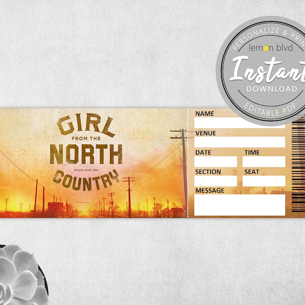 Girl from the North Country Ticket | Printable Surprise Gift Reveal | Broadway Musical Theatre | Editable PDF Instant Digital Download