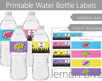 Superhero Girl Party Bottle Labels | Superhero Instant Digital Download | Editable Text | Super Hero Party Water Bottle Labels