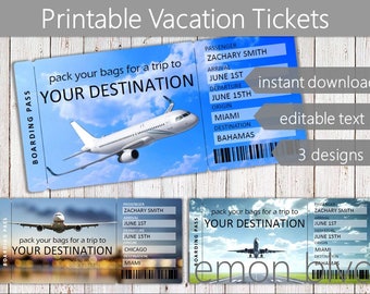 Surprise Trip Tickets | Vacation Ticket Instant Digital Download | Editable Text | Boarding Pass | Printable Vacation Gift Ticket Surprise