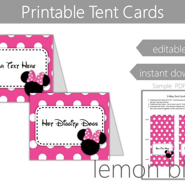 Minnie Mouse Tent Cards | Instant Digital Download | Editable Text | Minnie Food Tents | Food Labels | Buffet Tags | Minnie Pink Polka Dots