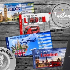 Surprise London Trip Ticket England Vacation Tickets Instant Download Boarding Pass Printable Trip Ticket Surprise Trip Reveal image 1