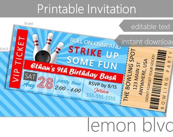 Bowling Party Ticket Invitation | Editable Instant Digital Download | Bowling Invite | Bowling Ticket