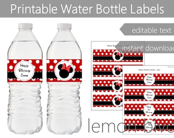 Minnie Mouse Party Bottle Labels | Instant Digital Download | Editable Text | Minnie Red Polka Dots Party Water Bottle Labels