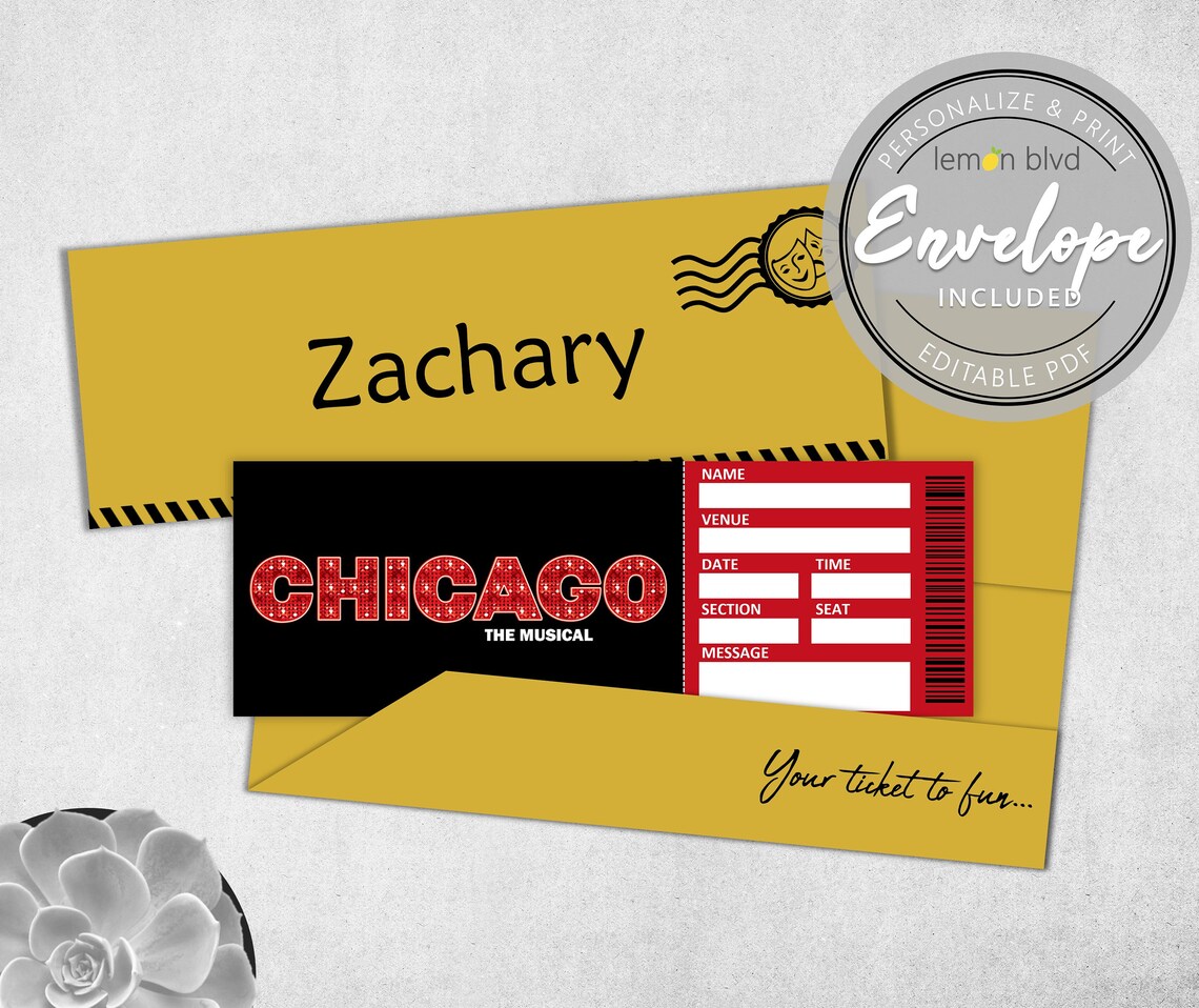 Chicago Ticket Printable Surprise Gift Reveal Broadway Etsy