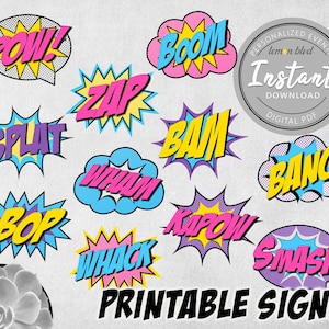 Superhelden Zeichen | Superheld Girl Party Printables | Sofortiger digitaler Download | Super Hero Party Pack | Party Dekorationen | Comic Action Wort
