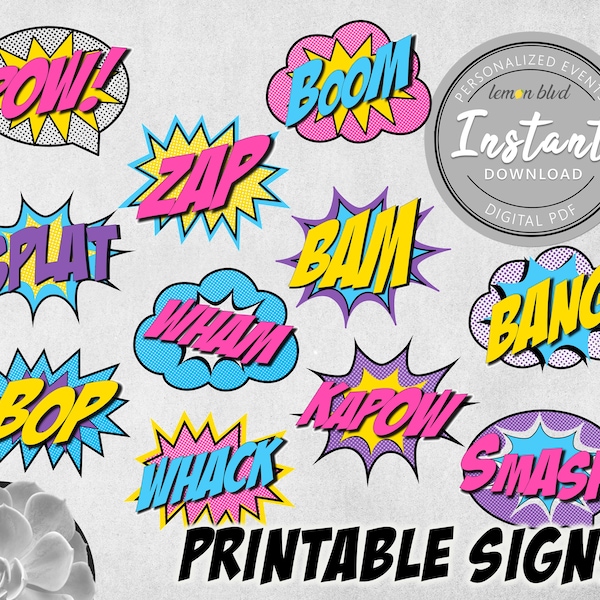 Superhero Signs | Superhero Girl Party Printables | Instant Digital Download | Super Hero Party Pack | Party Decorations | Comic Action Word