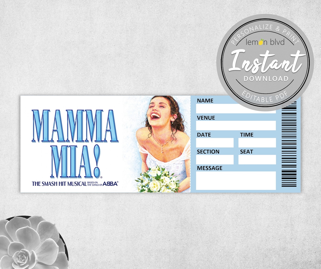 Mamma Mia Ticket Printable Surprise Gift Reveal Broadway Musical