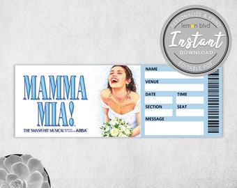 Mamma Mia Ticket | Printable Surprise Gift Reveal | Broadway Musical Theatre Souvenir | Editable PDF Instant Digital Download Template