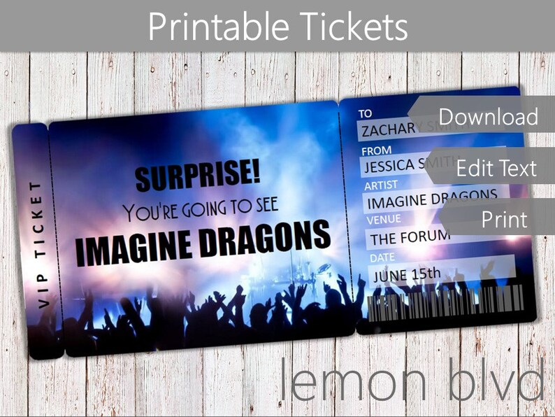 concert tickets printable concert ticket digital download etsy