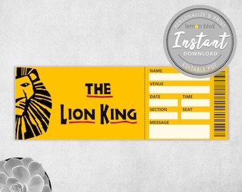 Lion King Ticket | Printable Surprise Gift Reveal | Broadway Musical Theatre Souvenir | Editable PDF Instant Digital Download Template