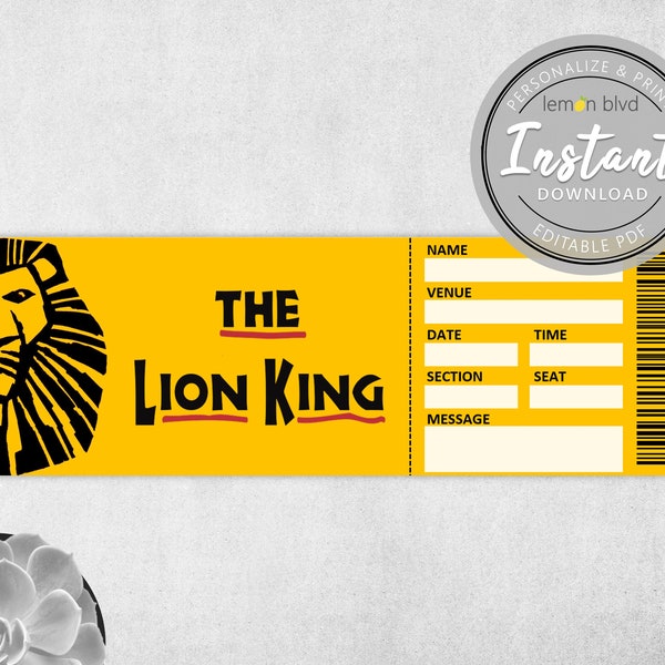 Lion King Ticket | Printable Surprise Gift Reveal | Broadway Musical Theatre Souvenir | Editable PDF Instant Digital Download Template