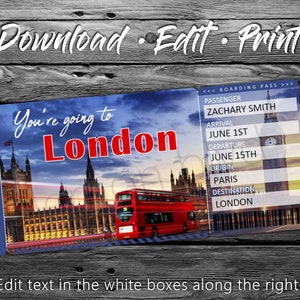 Surprise London Trip Ticket England Vacation Tickets Instant Download Boarding Pass Printable Trip Ticket Surprise Trip Reveal image 5