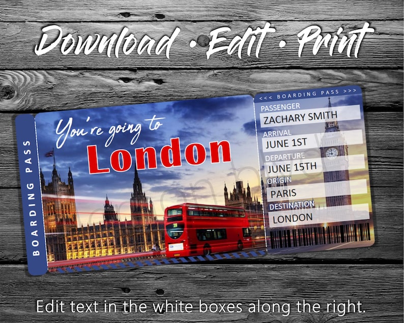 Surprise London Trip Ticket England Vacation Tickets Instant Download Boarding Pass Printable Trip Ticket Surprise Trip Reveal image 5