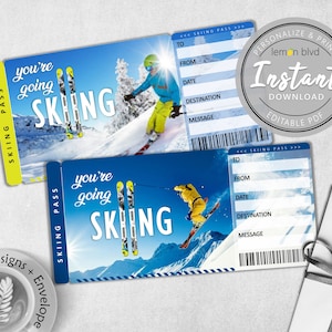 Surprise Skiing Trip Tickets | Ski Ticket Download | Editable Text | Surprise Ski Vacation Boarding Pass | Printable Skiing Vacation Gift