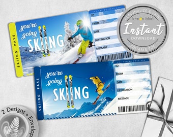 Surprise Skiing Trip Tickets | Skiticket Download | Bearbeitbarer Text | Surprise Skiurlaub Bordkarte | Druckbares Skiurlaub Geschenk
