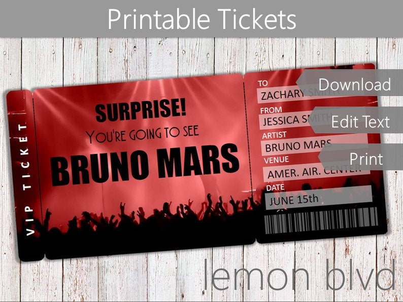 concert tickets printable concert ticket digital download