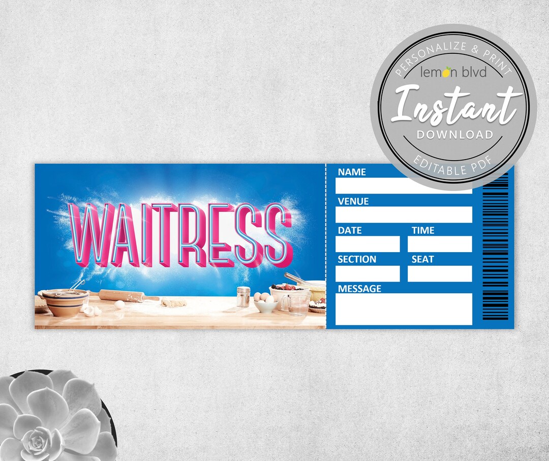 Waitress Ticket Printable Surprise Gift Reveal Broadway Musical Theatre