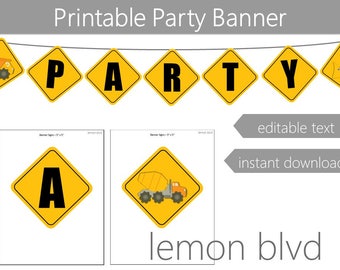 Construction Party Banner | Construction Instant Digital Download | Editable Text | Construction Party Bunting Banner | Construction Party