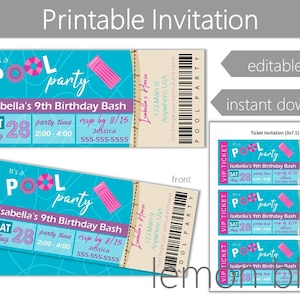 Pool Party Ticket Einladung | Bearbeitbar Sofortiger Digitaler Download | Rosa Pool Party Invite | Lila Billardticket