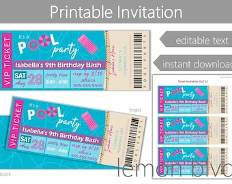 Pool Party Ticket Invitation | Editable Instant Digital Download | Pink Pool Party Invite | Purple Pool Ticket