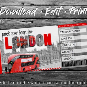 Surprise London Trip Ticket England Vacation Tickets Instant Download Boarding Pass Printable Trip Ticket Surprise Trip Reveal image 3