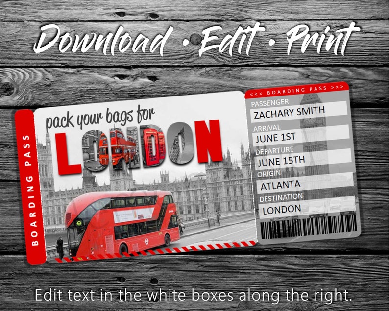 Surprise London Trip Ticket England Vacation Tickets Instant Download Boarding Pass Printable Trip Ticket Surprise Trip Reveal image 3