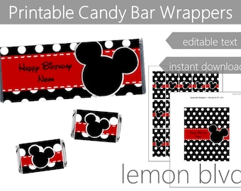 Mickey Mouse Party Candy Bar Wrappers | Mickey Instant Digital Download | Editable Text | Mickey Black Polka Dots Party Favors | Mickey