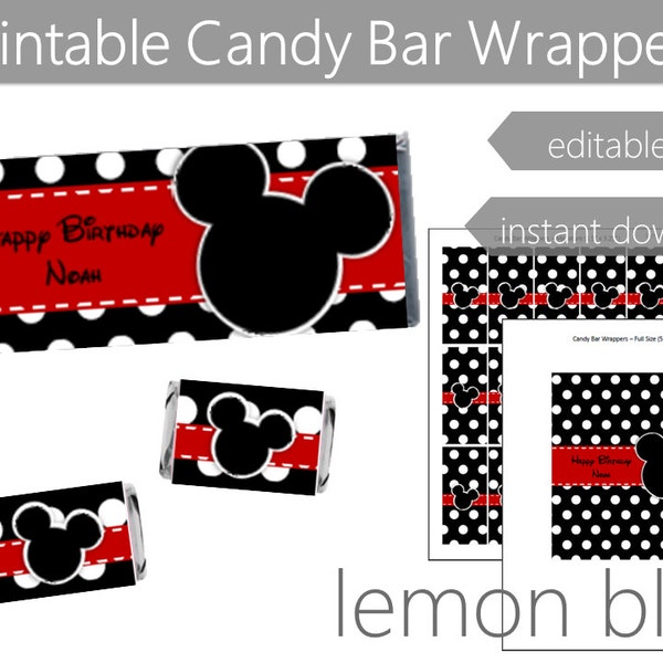 Mickey Mouse Party Candy Bar Wrappers | Mickey Instant Digital Download | Editable Text | Mickey Black Polka Dots Party Favors | Mickey