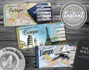 Surprise Europe Trip Ticket | Vacation Tickets Instant Download | Boarding Pass | Printable Trip Ticket | Europe Trip Reveal