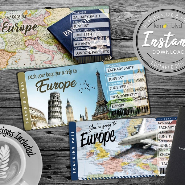 Surprise Europe Trip Ticket | Vacation Tickets Instant Download | Boarding Pass | Printable Trip Ticket | Europe Trip Reveal