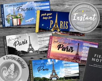 Surprise Paris Trip Ticket | Vacation Ticket Instant Download | Boarding Pass | Printable France Trip Ticket Surprise | Trip to Paris Ticket