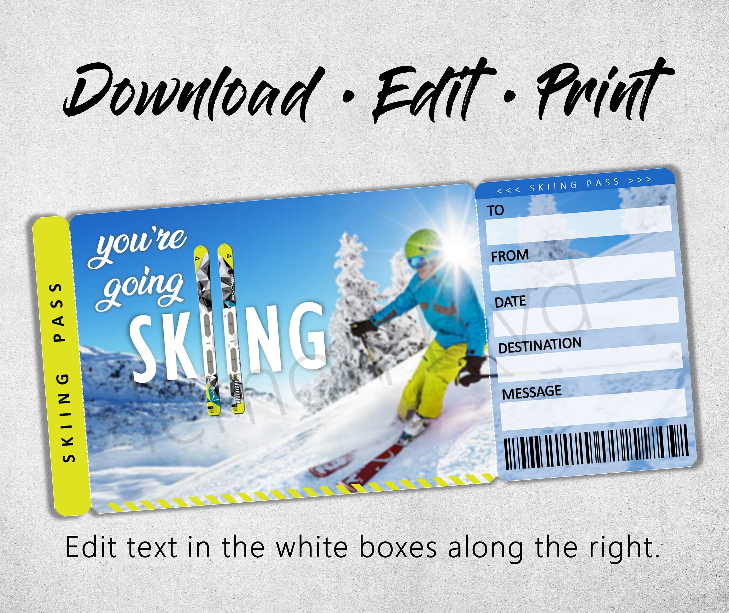 Surprise Skiing Trip Tickets Ski Ticket Download Editable | Etsy