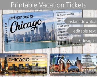 Surprise Chicago Trip Ticket | Vacation Tickets Instant Download | Boarding Pass | Printable Trip Ticket Surprise | Chicago Ticket