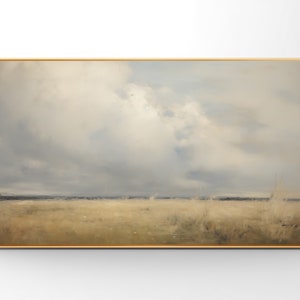 Frame TV Art | Moody Clouds Instant 16:9 Digital Download | Neutral midwest prairie landscape painting |, oil artwork | Open Countryside
