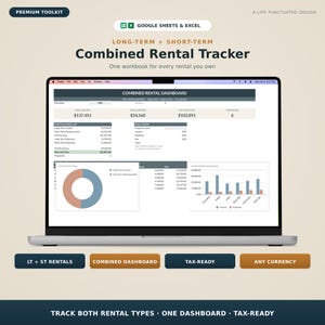 Può includere: Uno schermo di un laptop mostra una dashboard "Combined Rental Tracker", che mostra dati finanziari con grafici. Lo schermo mostra il testo "Google Sheets & Excel" e "Tax-Ready". L'immagine include anche il testo "Premium Toolkit".