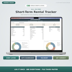 May include: A laptop screen displays a "Short-Term Rental Tracker" dashboard. The screen shows financial data, including revenue and expenses, with charts and graphs. Buttons below the screen read "Every Listing," "Auto Dashboards," "Tax-Ready," and "Any Currency."
