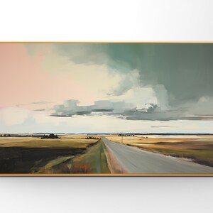 May include: A painting depicting a long, straight road leading into a field with a cloudy sky in the background. The road is grey and the field is green and brown. The sky is a mix of pink, white, and grey.