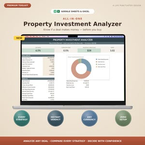 May include: A laptop screen displays a "Property Investment Analyzer" spreadsheet. The interface includes charts, financial metrics, and the text "Know if a deal makes money - before you buy." The design incorporates the Google Sheets & Excel logo and the words "Every Strategy" and "Instant Verdict."