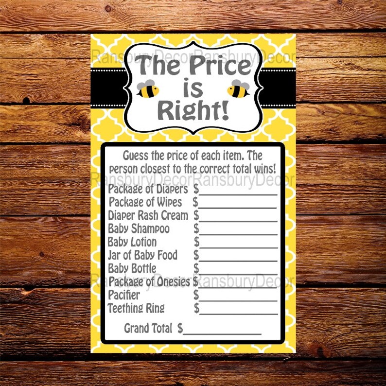 The Price Is Right Baby Shower Game Bee Theme Baby Etsy The Price Is Right Baby Shower Game Bee Theme Baby Etsy