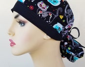 Ponytail scrub hat, ponytail surgical scrub hat, scrub cap, surgical scrub hat for women, cat sugar skull ponytail scrub cap, scrub hat