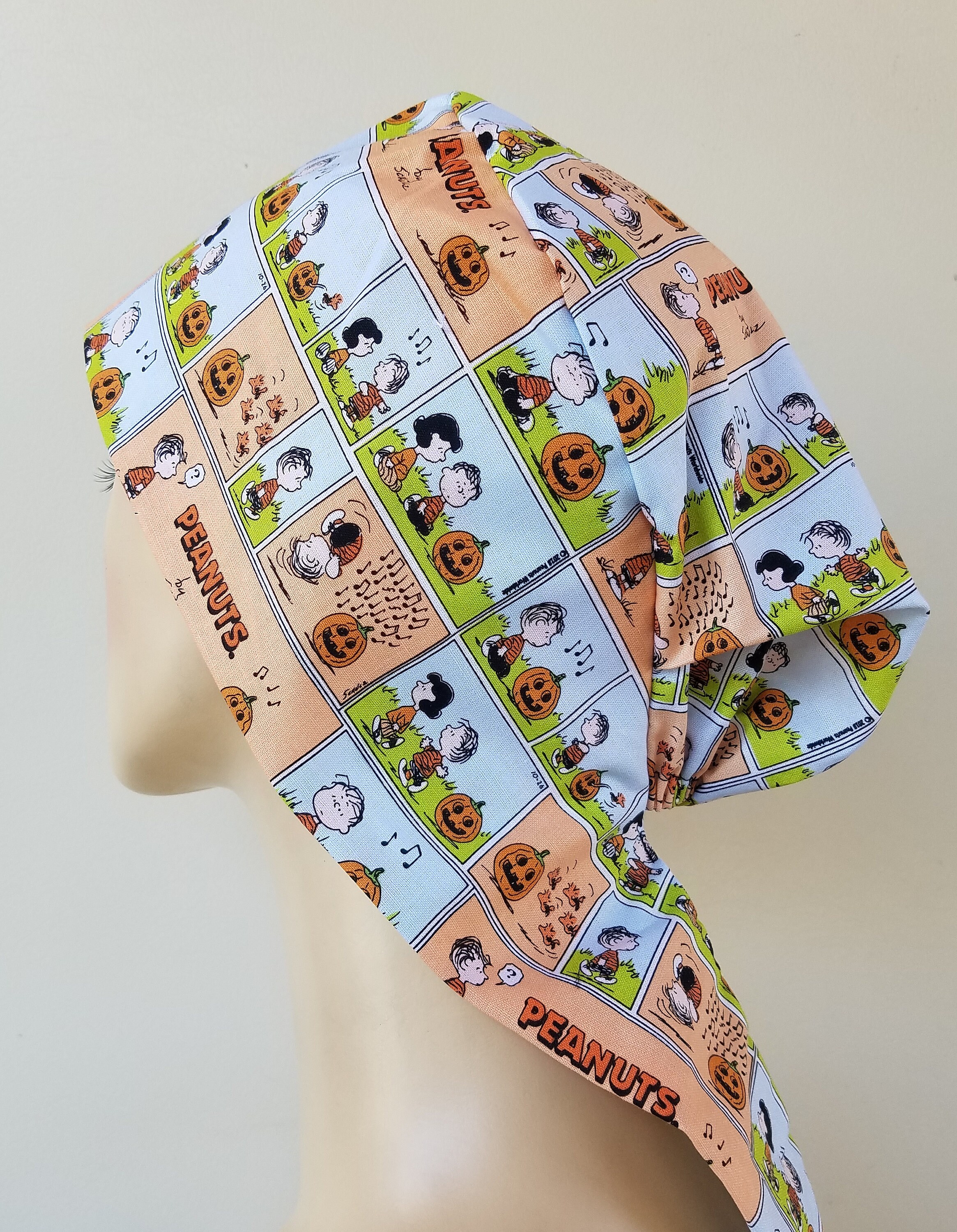 Halloween scrub cap, pumkin comic strip scrub hat , pixie scrub hat