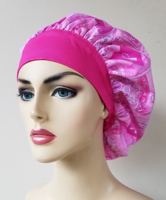 Breast cancer awareness scrub cap, bouffant scrub cap, scrub cap for women, scrub hat, classic bouffant scrub cap
