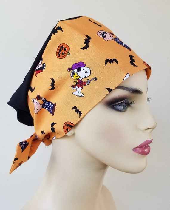 Orange and black scrub cap, Charlie Brown Halloween scrub hat , pixie scrub hat, scrub cap, scrub hat, chemo cap