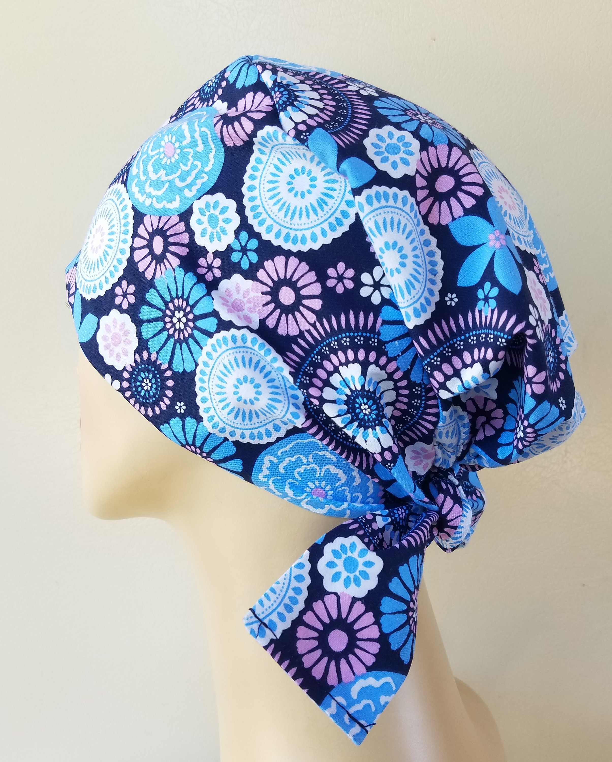 Blue and pink polynesian floral pixie tie back scrub hat, scrub hat for