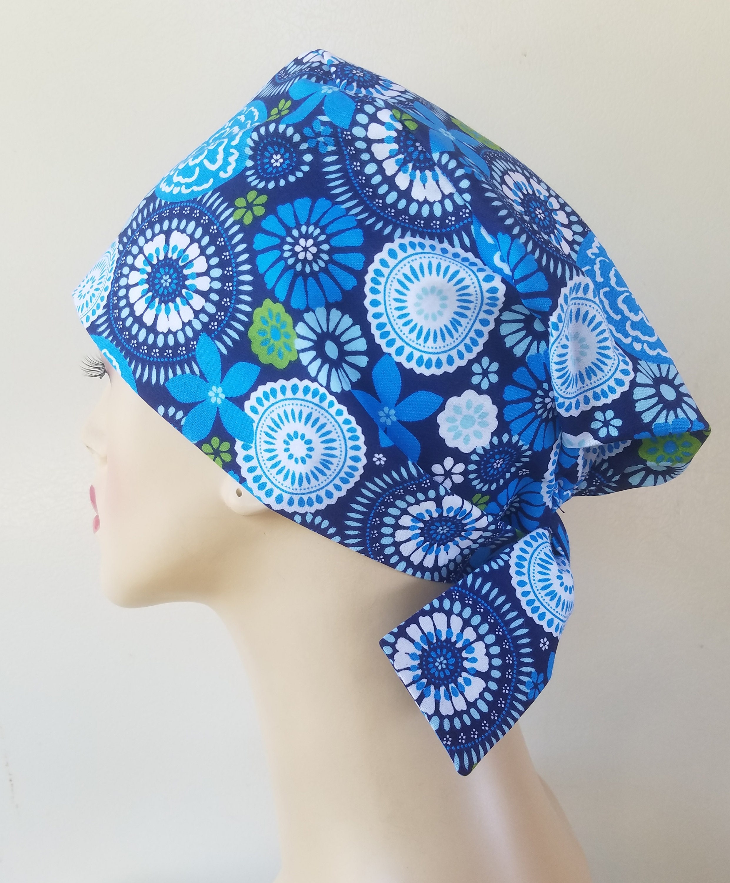 Blue and green polynesian floral tie back scrub hat, scrub hat for ...